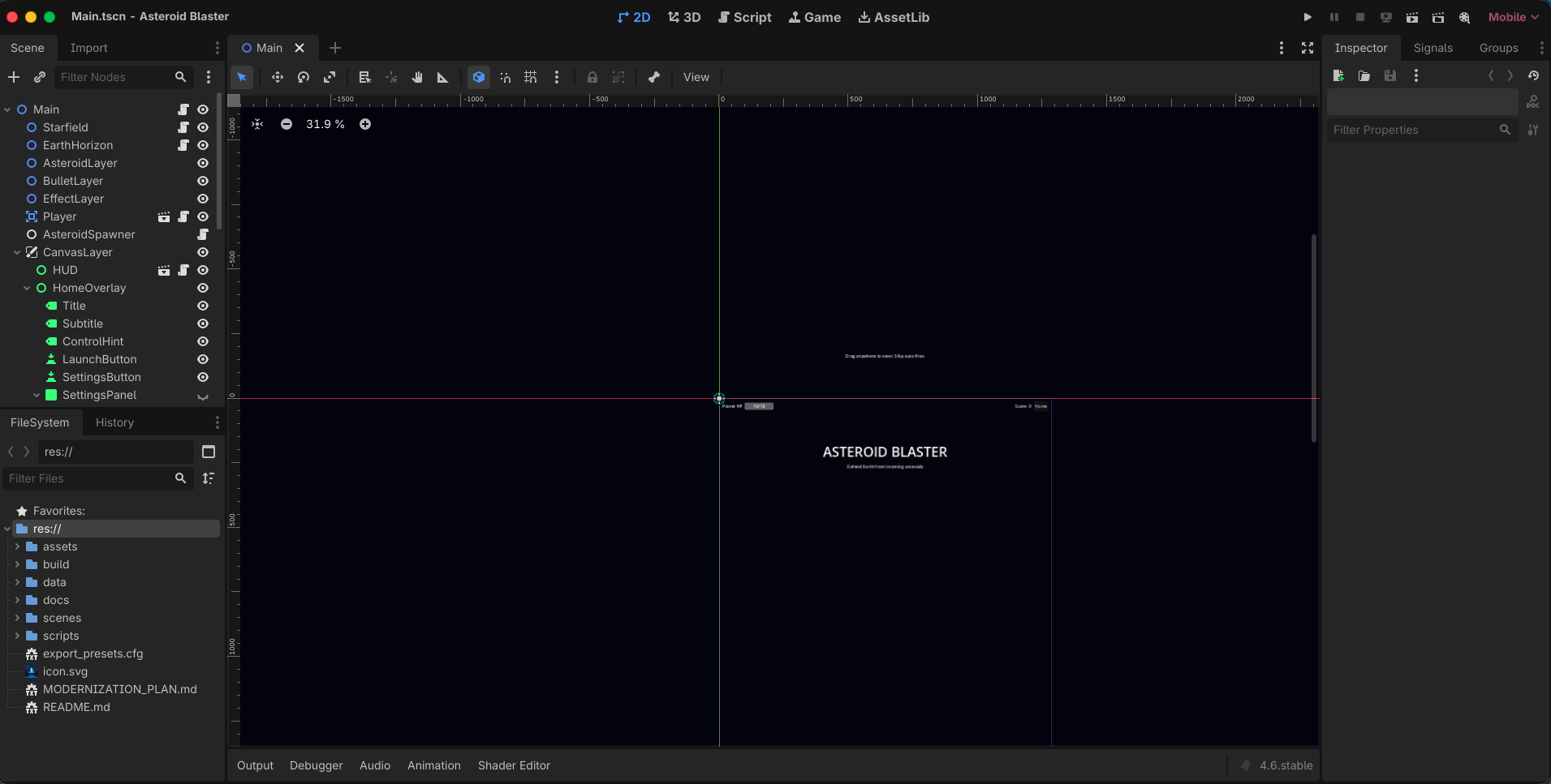 Godot editor with the main scene open